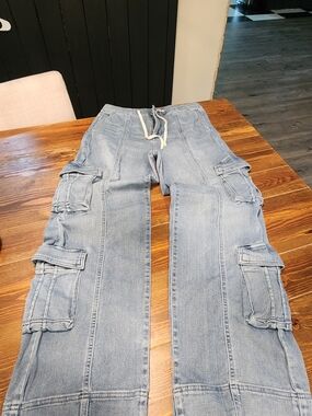 Vici Womens Light Blue Relaxed Cargo Jeans with Drawstring Waist